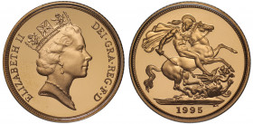 Elizabeth II (1952-), gold proof Sovereign, 1995, crowned head right, RDM initials on neckline for designer Raphael David Maklouf, Latin legend and to...