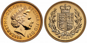 MS67 DPL | Elizabeth II (1952-), gold Sovereign, 2002, Golden Jubilee design by Timothy Noad, crowned head right, IRB initials below for designer Ian ...