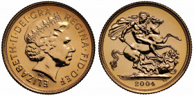 MS68 DPL | Elizabeth II (1952-), gold Sovereign, 2004, crowned head right, IRB initials below for designer Ian Rank-Broadley, Latin legend and toothed...