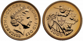 MS67 DPL | Elizabeth II (1952-), gold Sovereign, 2005, crowned head right, IRB initials below for designer Ian Rank-Broadley, Latin legend and toothed...
