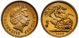 PF70 UCAM | Elizabeth II (1952-), gold proof Sovereign, 2006, crowned head right, IRB initials below for designer Ian Rank-Broadley, Latin legend and ...