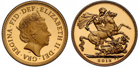 Elizabeth II (1952-), gold proof Sovereign, 2015, crowned head right, JC initials below for designer Jody Clark, Latin legend and toothed border surro...