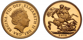 Elizabeth II (1952-), gold proof Sovereign, 2015, crowned head right, JC initials below for designer Jody Clark, Latin legend and toothed border surro...