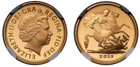 PF70 UCAM | Elizabeth II (1952-), gold proof Quarter Sovereign, 2013, crowned head right, IRB initials below for designer Ian Rank-Broadley, Latin leg...