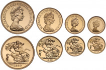 Elizabeth II (1952 -), gold 4-coin proof set, 1980, Five Pounds, Two Pounds, Sovereign, Half Sovereign, crowned head right, Latin legend and toothed b...