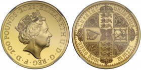 PF70 UCAM | Elizabeth II (1952-), gold proof Two Ounces of Two Hundred Pounds, 2021, 2 Ounces of 999.9 fine gold from the Great Engravers series comme...