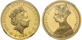 PF70 UCAM FR | Elizabeth II (1952-), gold proof Two Ounces of Two Hundred Pounds, 2021, plain edge, 2 Ounces of 999.9 fine gold from the Great Engrave...