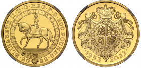 PF70 UCAM | Elizabeth II (1952-), gold proof Two Ounces of Two Hundred Pounds, 2022, 2 Ounces of 999.9 fine gold, struck to celebrate the Platinum Jub...