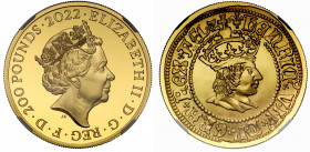 PF70 UCAM | Elizabeth II (1952-), gold proof Two Ounces of Two Hundred Pounds, 2022, 2 Ounces of 999.9 fine gold, struck to commemorate the original o...