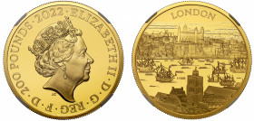 PF70 UCAM FDI | Elizabeth II (1952 -), gold proof Two Ounces of Two Hundred Pounds, 2022, 2 Ounces of 999.9 fine gold, from the City Views series, cro...