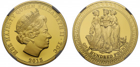PF70 UCAM | Tristan Da Cunha, Elizabeth II (1952-), gold proof One Ounce of One Hundred Pounds, 2015, 1 Ounce of 999.9 fine gold, The Three Graces, cr...