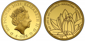 Elizabeth II (1952 -), gold proof One Ounce of One Hundred Pounds, 2021, 1 Ounce of 999.9 fine gold, design by Heena Glover to commemorate Mahatma Gan...