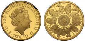PF70 UCAM | Elizabeth II (1952-), gold proof One Ounce of One Hundred Pounds, 2021, 1 Ounce of 999.9 fine gold, from the Queen’s Beasts series, crowne...