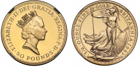 PF70 UCAM | Elizabeth II (1952-), gold proof Half Ounce of Fifty Pounds Britannia, 1987, Half Ounce of 999.9 fine gold, crowned head right, RDM initia...
