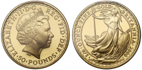 PR70 DCAM | Elizabeth II (1952-), gold proof Half Ounce of Fifty Pounds Britannia, 2000, Half Ounce of 999.9 fine gold, crowned head right, IRB initia...