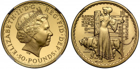 PR70 DCAM | Elizabeth II (1952-), gold proof Half Ounce of Fifty Pounds Britannia, 2001, Half Ounce of 999.9 fine gold, crowned head right, IRB initia...