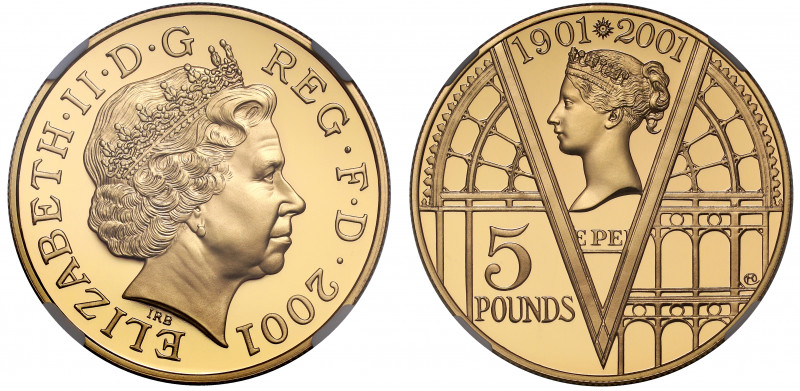 PF69 UCAM | Elizabeth II (1952-), gold proof Five Pounds, 2001, designed by Mary...