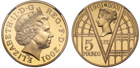 PF69 UCAM | Elizabeth II (1952-), gold proof Five Pounds, 2001, designed by Mary Milner-Dickens to commemorate the 100th Anniversary of the death of Q...