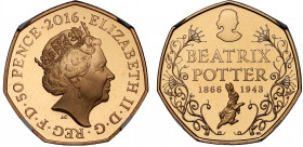 PF69 UCAM | Elizabeth II (1952-), gold proof Fifty Pence, 2016, design by Emma Noble struck to celebrate the 150th Anniversary of Beatrix Potter, crow...