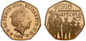 PR70 DCAM | Elizabeth II (1952 -), gold proof Fifty Pence, 2018, struck for the 100th Anniversary of the Representation of the People Act, crowned hea...