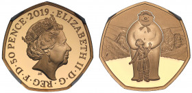 PF70 UCAM | Elizabeth II (1952-), gold proof Fifty Pence, 2019, The Snowman, crowned head right, Latin legend reads ELIZABETH II. D. G. REG. F. D. 50 ...