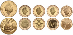 Elizabeth II (1952 -), gold 5-coin Annual proof Set, 2018, Five Pounds, Two Pounds (3), Fifty Pence (1), crowned head right, initials JC for designer ...