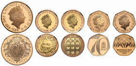 PF69-70 UCAM | Elizabeth II (1952-), gold 5-coin Annual proof Set, 2022, Five Pounds, Two Pounds (2), Fifty Pence (2), crowned head right, initials JC...