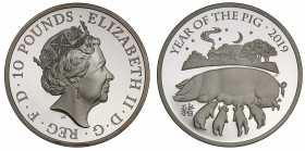 Elizabeth II (1952-), silver proof Five Ounces of Ten Pounds, 2019, 5 Ounces of .999 fine silver, Year of the Pig design by Harry Brockway as part of ...