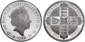 PF70 UCAM FR | Elizabeth II (1952-), silver proof Five Ounces of Ten Pounds, 2021, 5 Ounces of .999 fine silver, from the Great Engravers series comme...