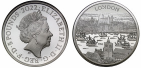 PF70 UCAM FDI | Elizabeth II (1952 -), silver proof Two Ounces of Five Pounds, 2022, struck in 999 fine silver, from the City Views series, crowned bu...