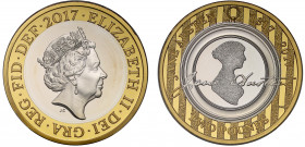 PF68 UCAM | Elizabeth II (1952-), silver gilt proof Two Pounds, 2017, celebrating the 200th Anniversary of the birth of Jane Austen, crowned head righ...