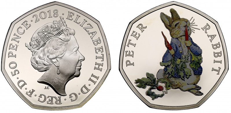 Elizabeth II (1952-), colourised silver proof Fifty Pence, 2018, Peter Rabbit, d...