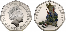 Elizabeth II (1952-), colourised silver proof Fifty Pence, 2018, Peter Rabbit, design by Emma Noble from the Beatrix Potter series, crowned head right...