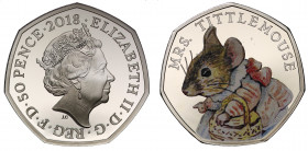 Elizabeth II (1952-), colourised silver proof Fifty Pence, 2018, Mrs. Tittlemouse, design by Emma Noble from the Beatrix Potter series, crowned head r...
