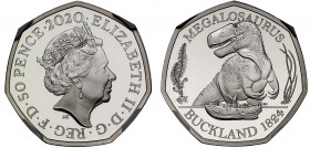 PF70 UCAM ER | Elizabeth II (1952-), silver proof Fifty Pence, 2020, Megalosaurus design by Robert Nicholls as part of the Royal Mint Tales of the Ear...
