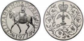 PF69 UCAM | Elizabeth II (1952-), silver proof Crown of Twenty Five Pence, 1977, Silver Jubilee, equestrian effigy of Queen Elizabeth II left within a...