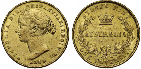 Australia, Victoria (1837-1901), gold Sovereign, 1859, Sydney Mint, second young head left with wreath of banksia in hair, date below, Latin legend an...