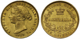 AU58 | Australia, Victoria (1837-1901), gold Sovereign, 1868, Sydney Mint, second young head left with wreath of banksia in hair, date below, Latin le...