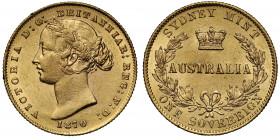 AU58 | Australia, Victoria (1837-1901), gold Sovereign, 1870, Sydney Mint, second young head left with wreath of banksia in hair, date below, Latin le...