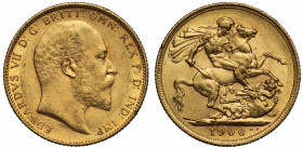 AU58 | Australia, Edward VII (1901-1910), gold Sovereign, 1906, Melbourne Mint, bare head right, De S. below truncation for engraver George W De Saull...