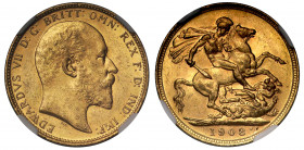 MS62 | Australia, Edward VII (1901-1910), gold Sovereign, 1908, Melbourne Mint, bare head left, B.M. on truncation for Bertram Mackennal, EDWARDVS VII...