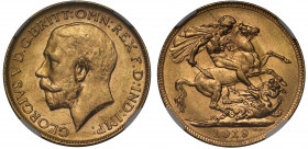 MS63 | Australia, George V (1910-36), gold Sovereign, 1919, Perth Mint, bare head left, B.M. on truncation for Bertram Mackennal, GEORGIVS V D.G. BRIT...