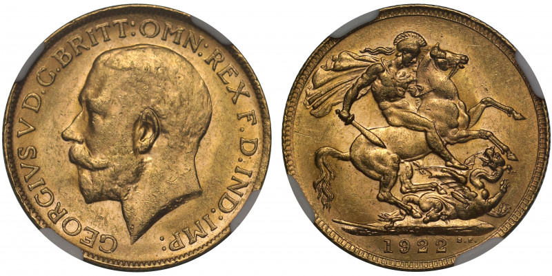 MS62 | Australia, George V (1910-36), gold Sovereign, 1922, Perth Mint, bare hea...