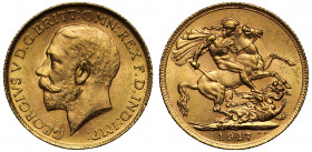 MS62 | Canada, George V (1910-36), gold Sovereign, 1917, Ottawa Mint, bare head left, B.M. on truncation for Bertram Mackennal, GEORGIVS V D.G. BRITT:...