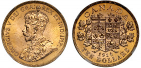 MS64 | Canada, George V (1910-36), gold Ten Dollars, 1914, crowned bust left, Latin legend reads GEORGIVS V DEI GRA: REX ET IND: IMP:, rev. coat of ar...