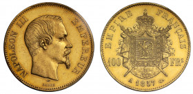 MS62 | France, Second Empire, Napoléon III (1852-70), gold One Hundred Francs, 1857-A, Paris mint, bare head right dividing inscription NAPOLEON III E...