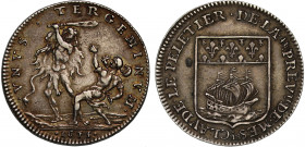 France, silver Medal or Jeton, 1675, CLAVDE LE PELETIER DE LA 4E PREVTE DE MESRE, arms with fleurs de lis and ship, rev. VNVS TERGEMINVM, Hercules att...