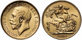 MS62 | India, George V (1910-36), gold Sovereign, 1918, Bombay Mint, bare head left, B.M. on truncation for Bertram Mackennal, Latin legend surroundin...