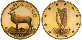 Ireland, 1990 gold proof 50 ECU, obverse, stag facing left on moorland, date below in truncation with initials T R to the right for designer Thomas Ry...