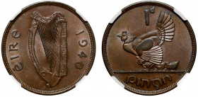 MS63 BN | Ireland, bronze Penny, 1940, Irish harp centre, dividing ÉIRE on left and 1940 on right, rev. depiction of hen with chicks facing left, deno...